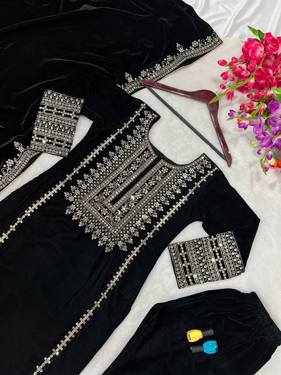 Black velvet embroided kurta set