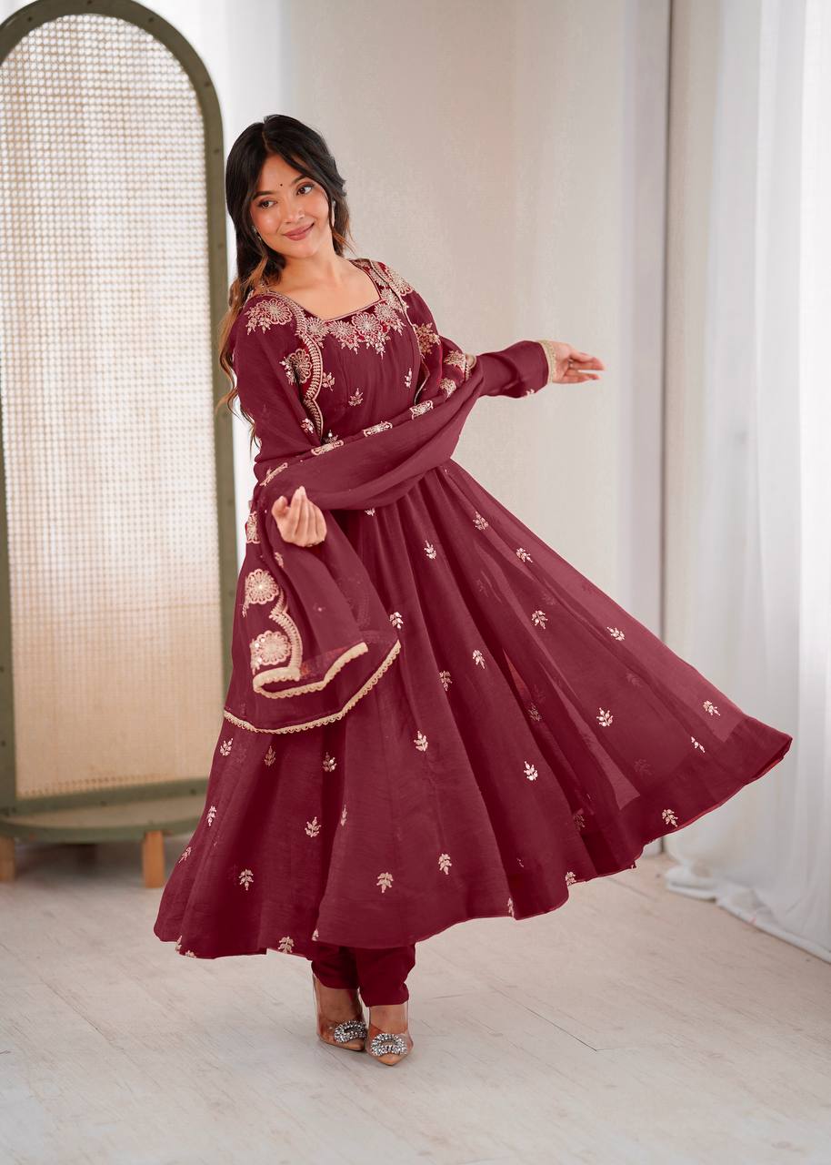 Maroon Silk gown set