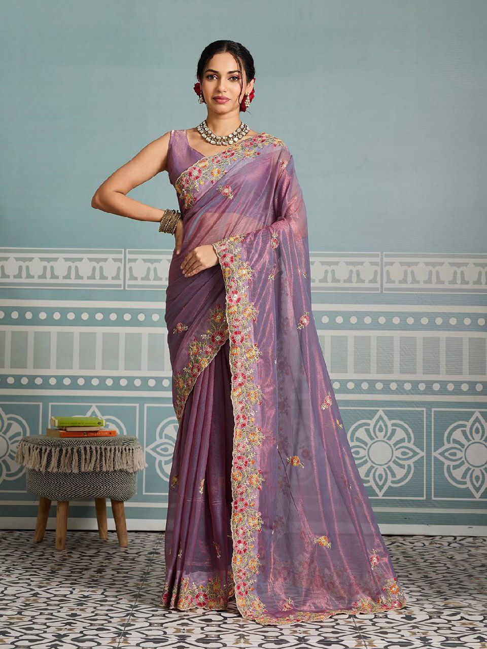 Chikankari embroidery net saree