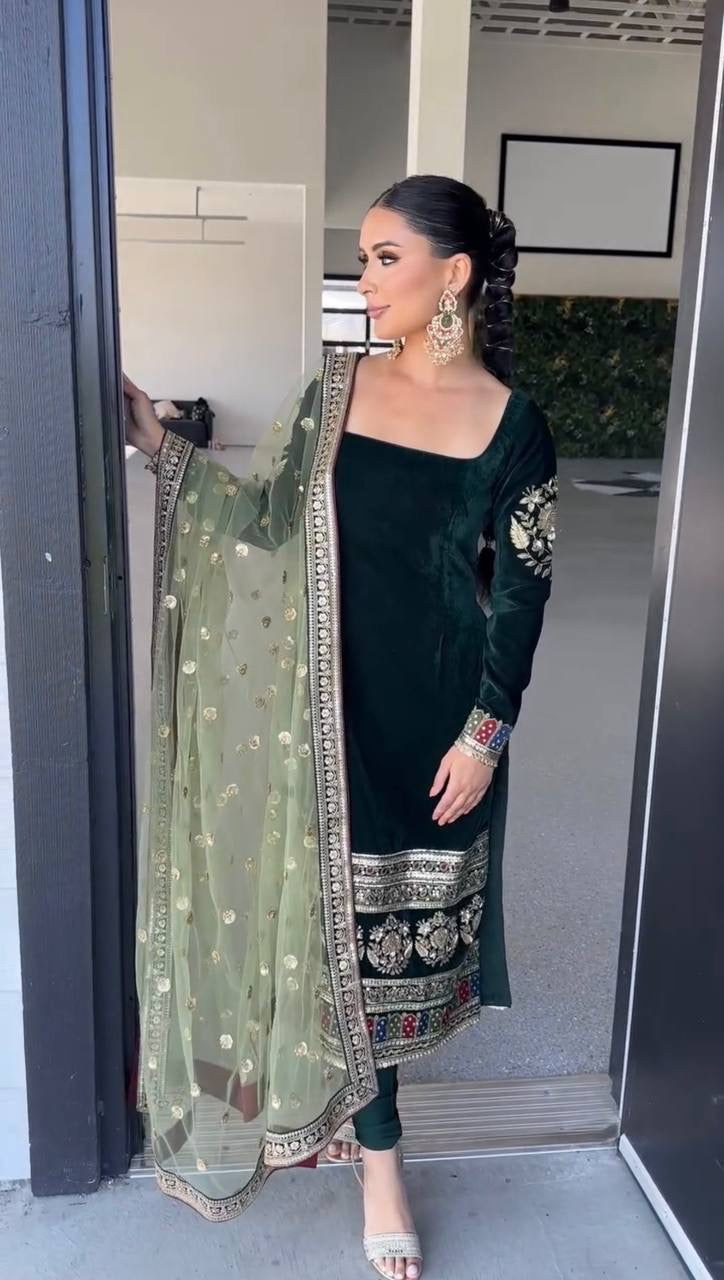 Emerald green velvet suit set