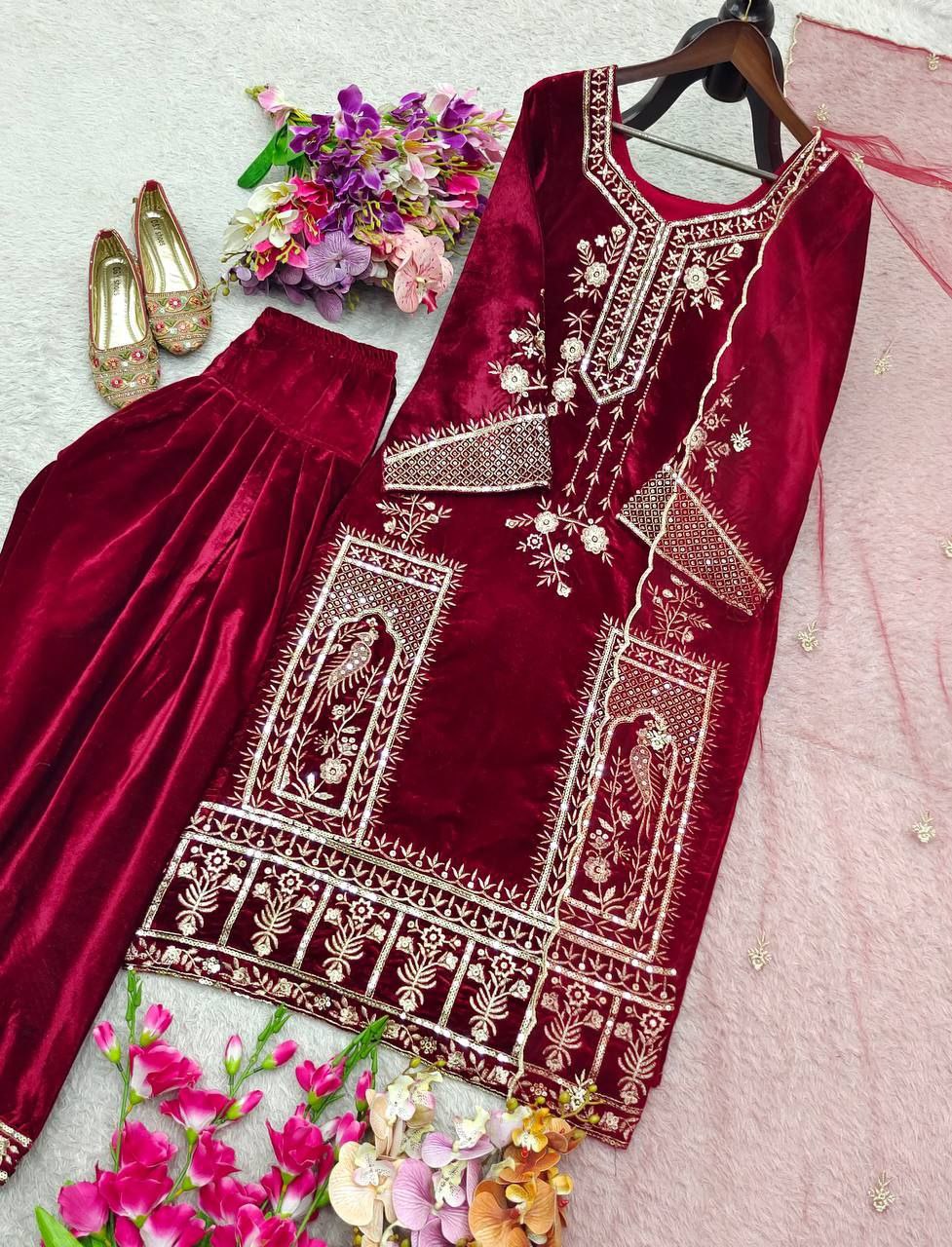 Shiny velvet patiyala suit set