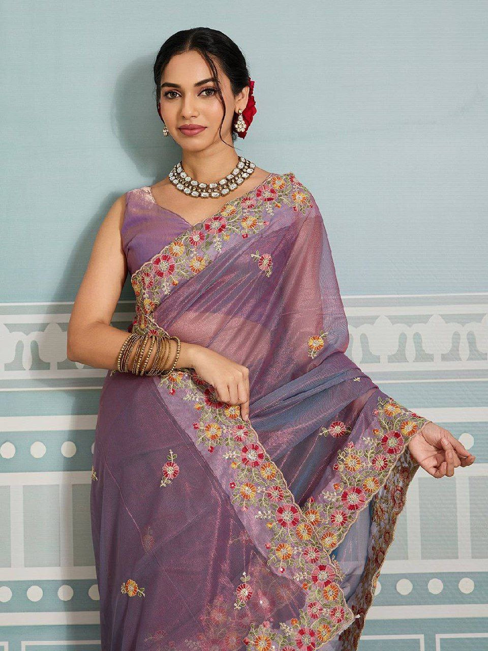 Chikankari embroidery net saree