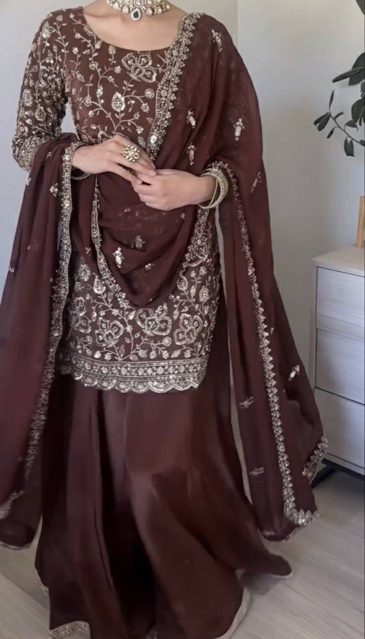 Brown embroidery sharara set