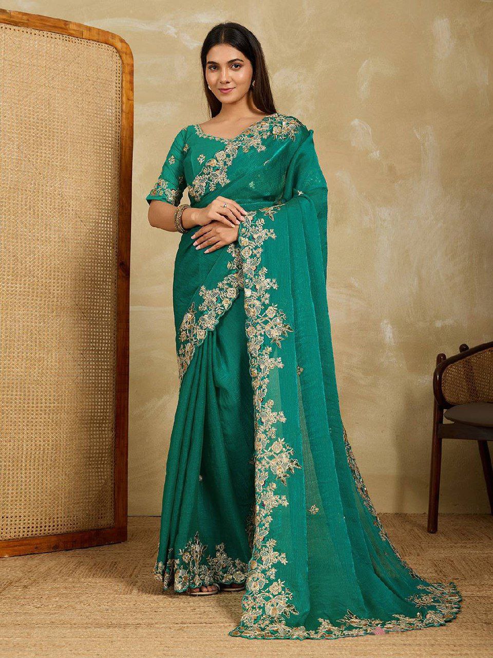 Sequinned heavy embroidery saree