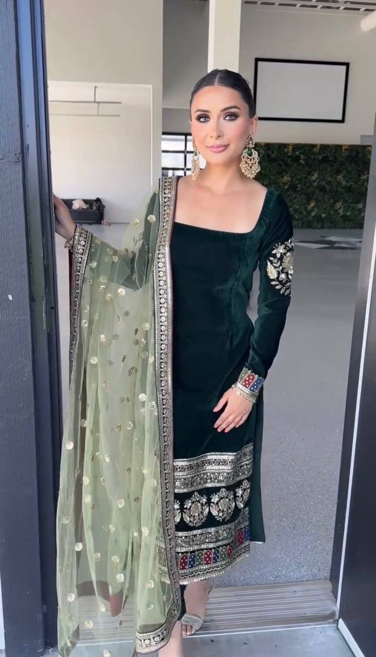 Emerald green velvet suit set