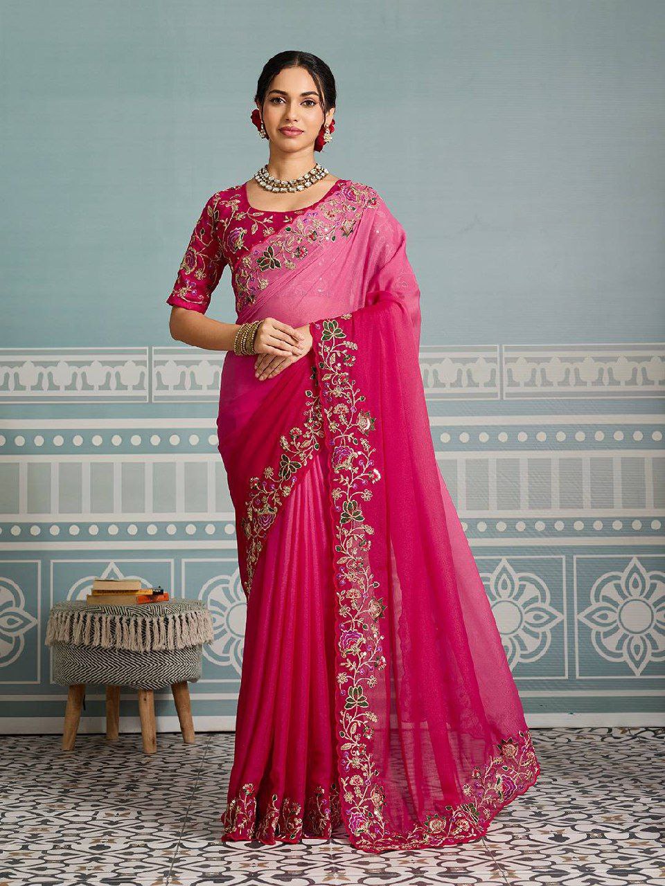Ombre pink red saree