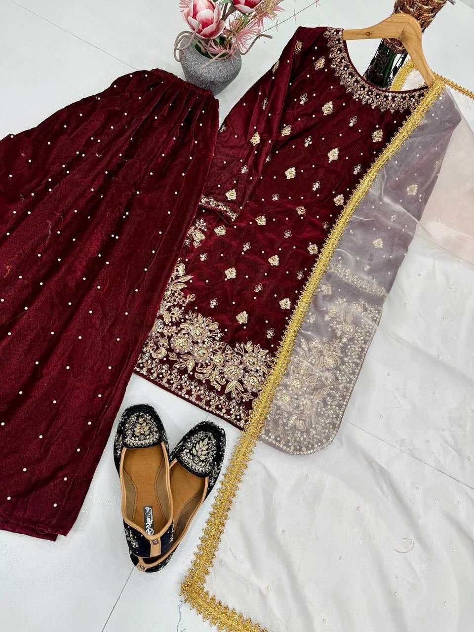 Deep Maroon velvet kurta set
