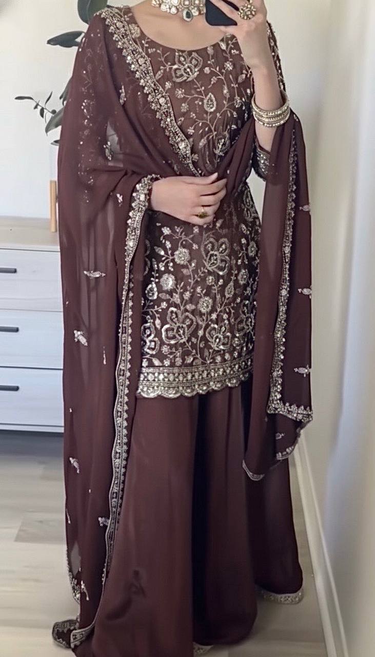 Brown embroidery sharara set