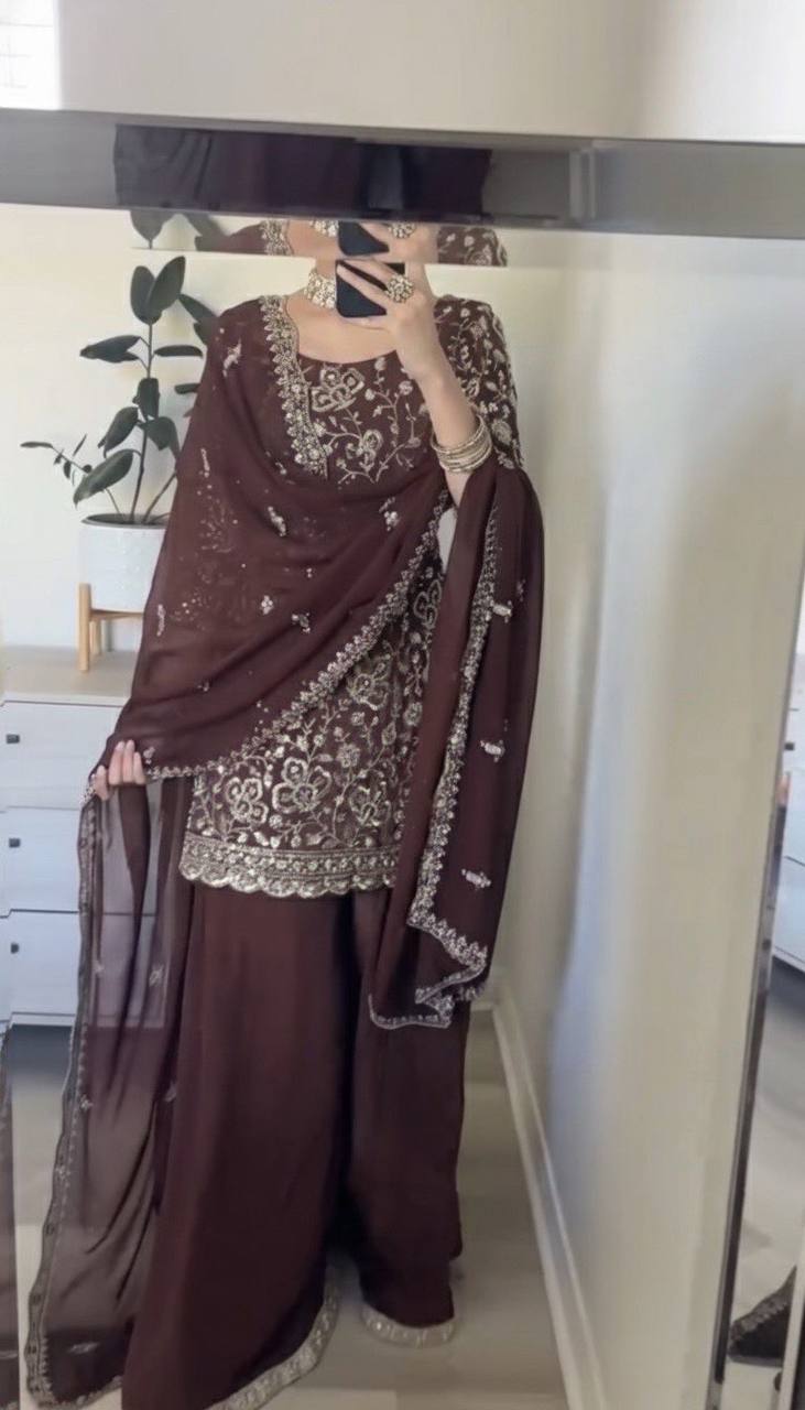 Brown embroidery sharara set