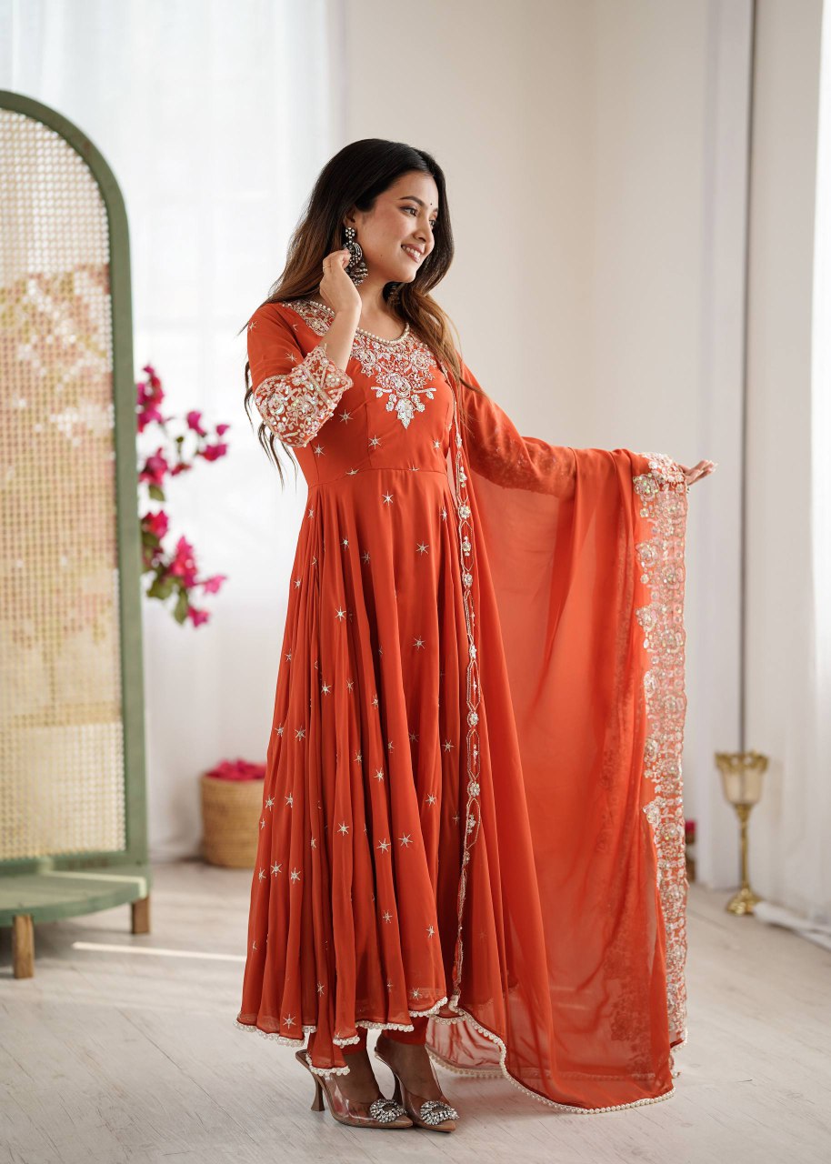 Orange anarkali suit 3 piece
