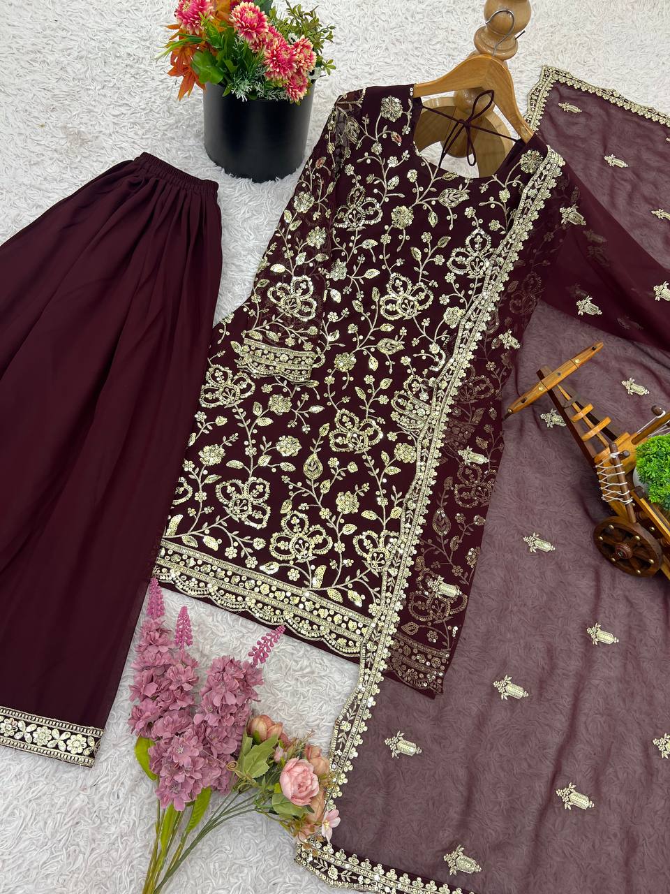 Brown embroidery sharara set