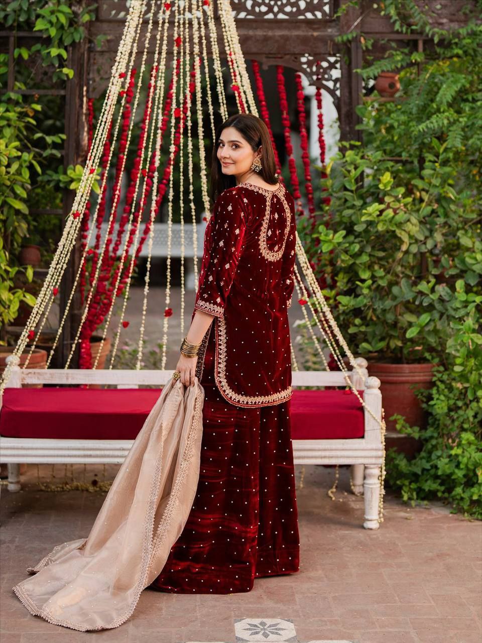 Deep Maroon velvet kurta set