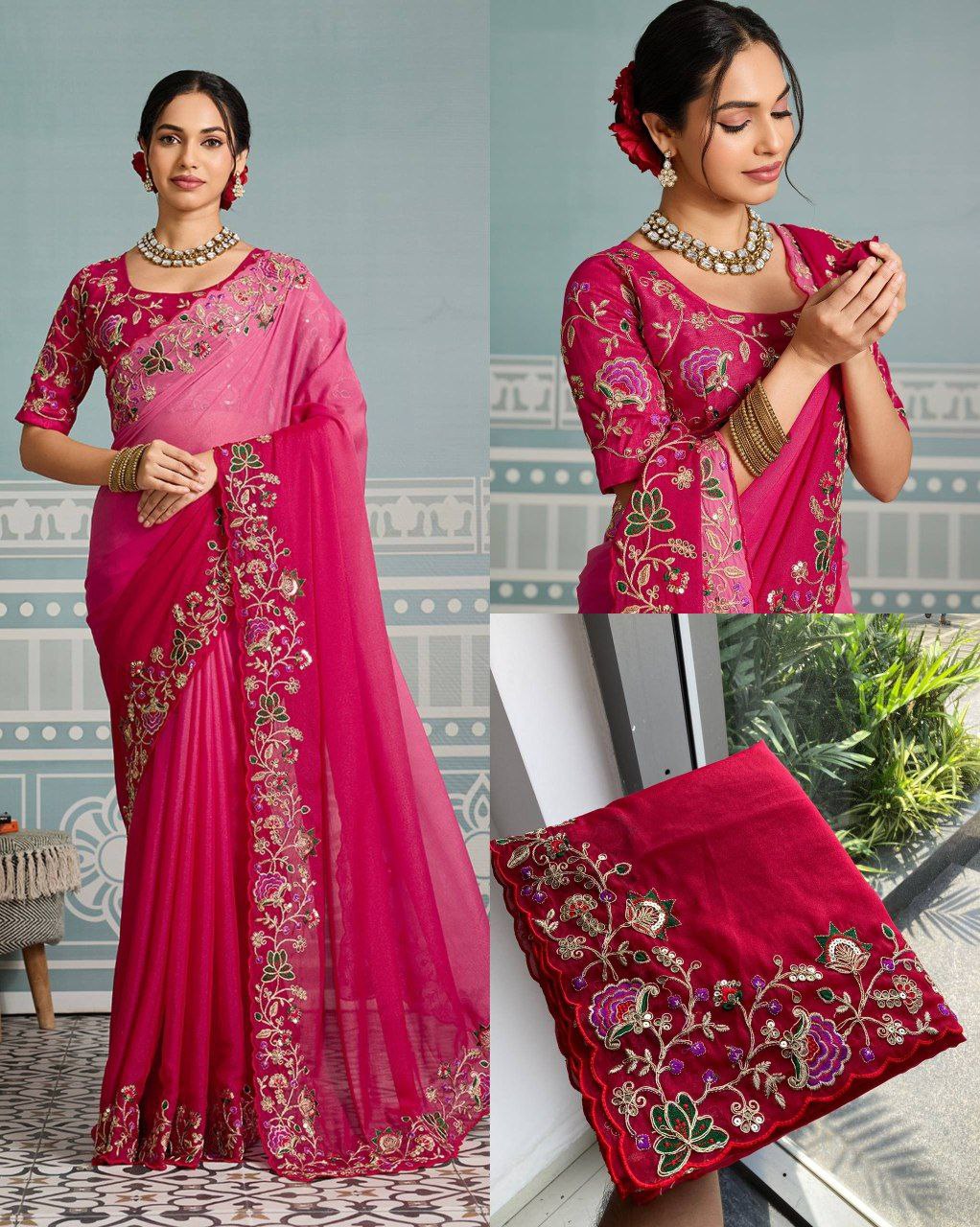 Ombre pink red saree
