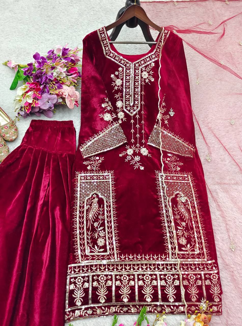 Shiny velvet patiyala suit set