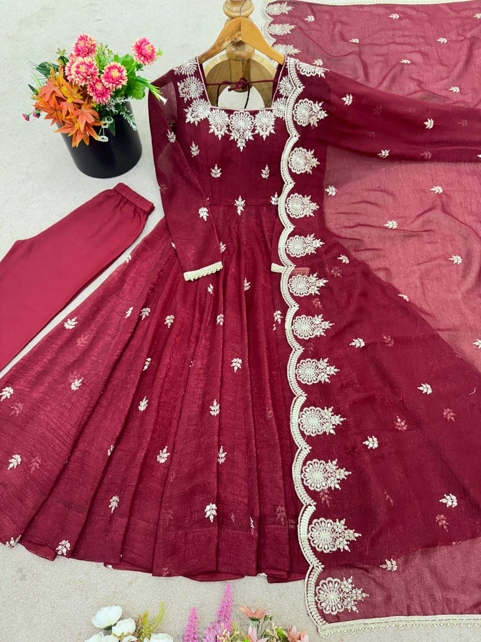 Maroon Silk gown set