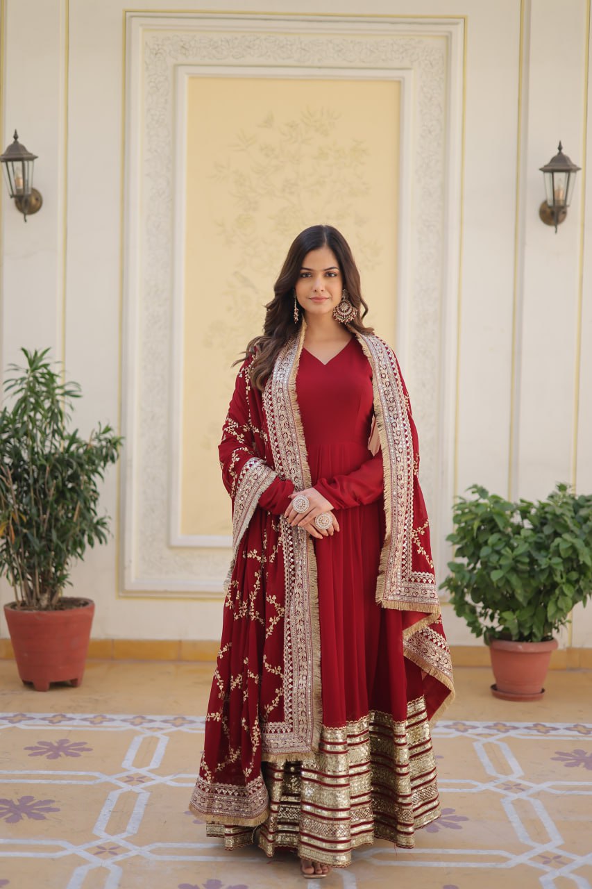 Red georgette gown set
