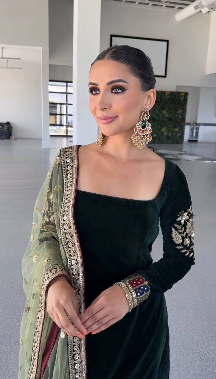 Emerald green velvet suit set