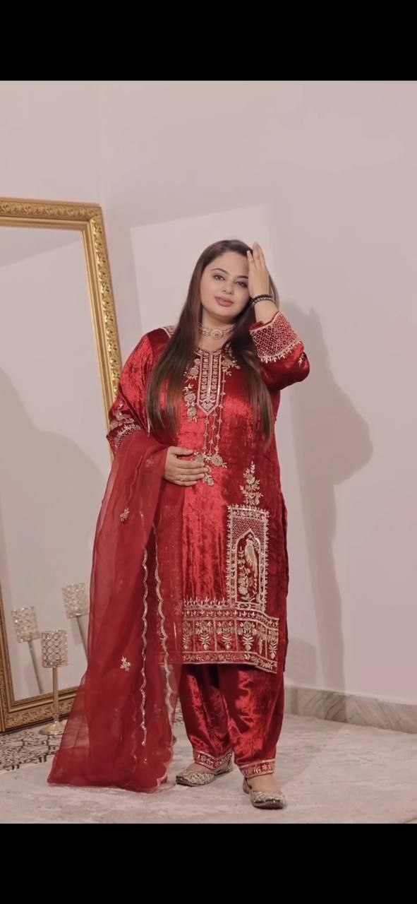 Shiny velvet patiyala suit set