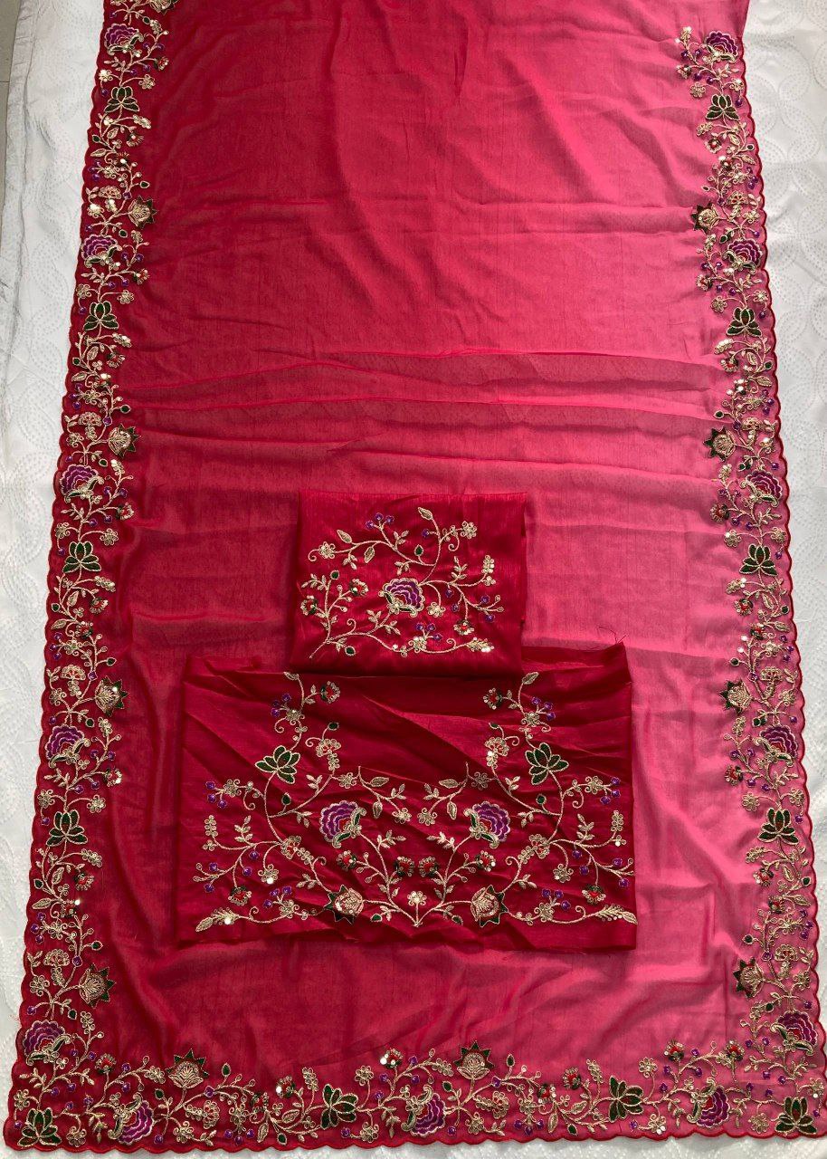 Ombre pink red saree