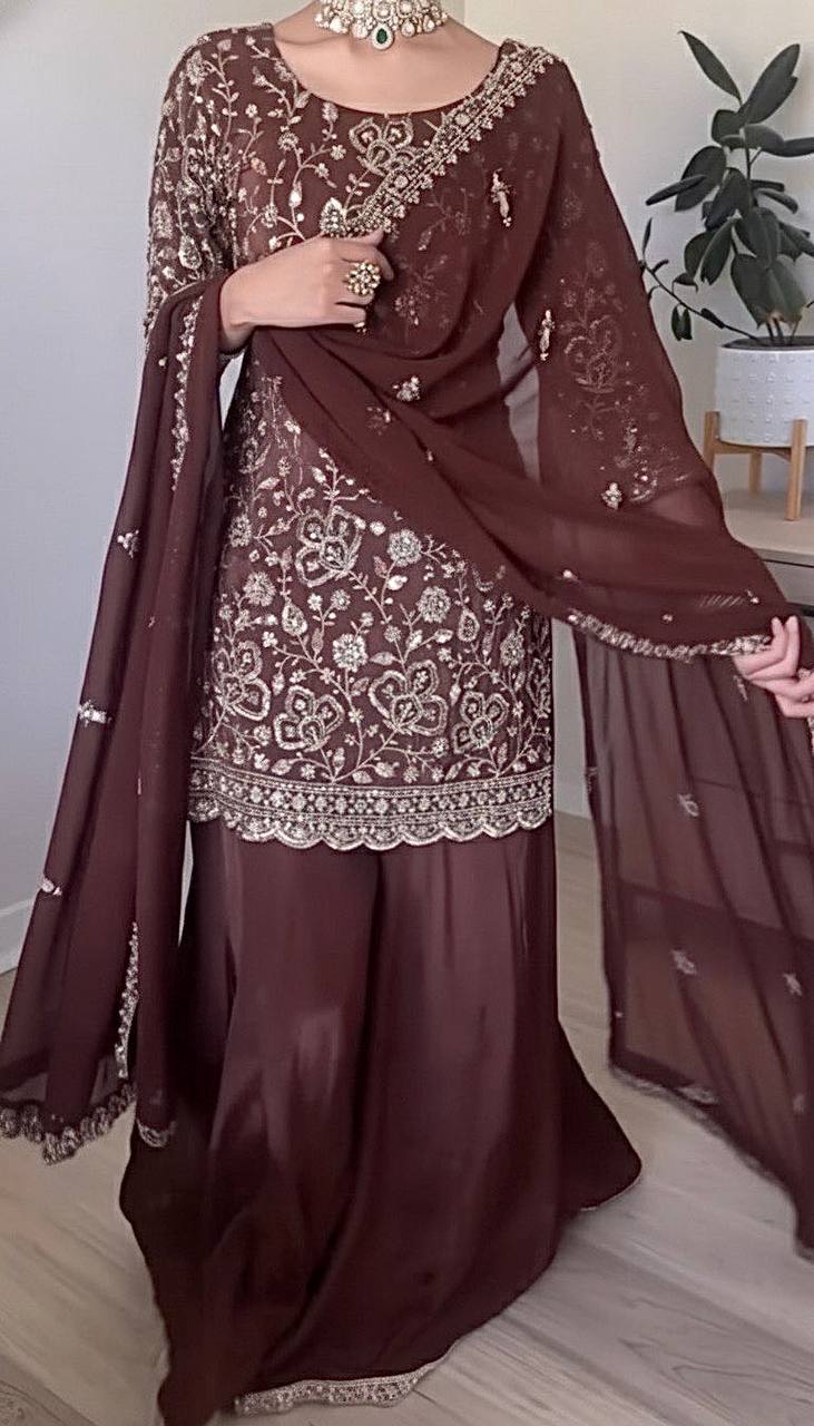 Brown embroidery sharara set