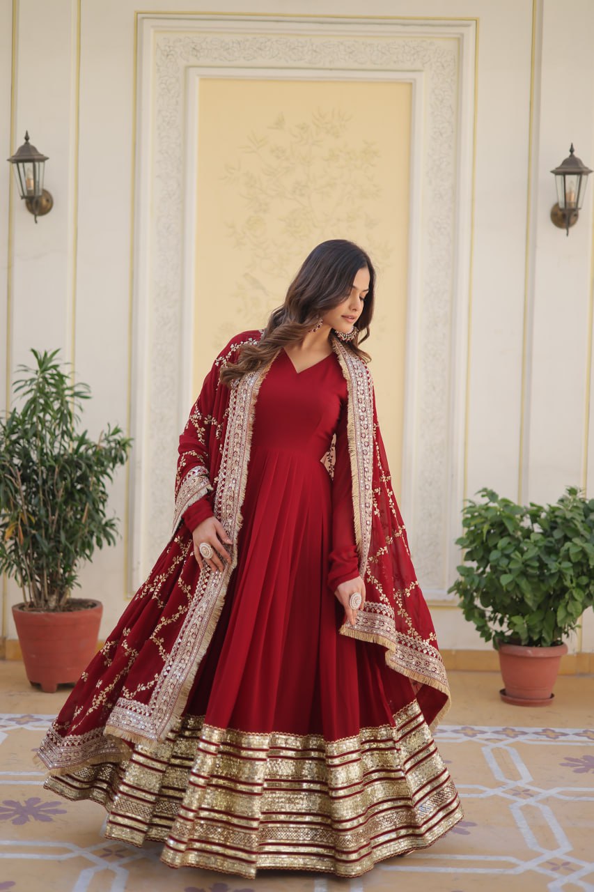 Red georgette gown set