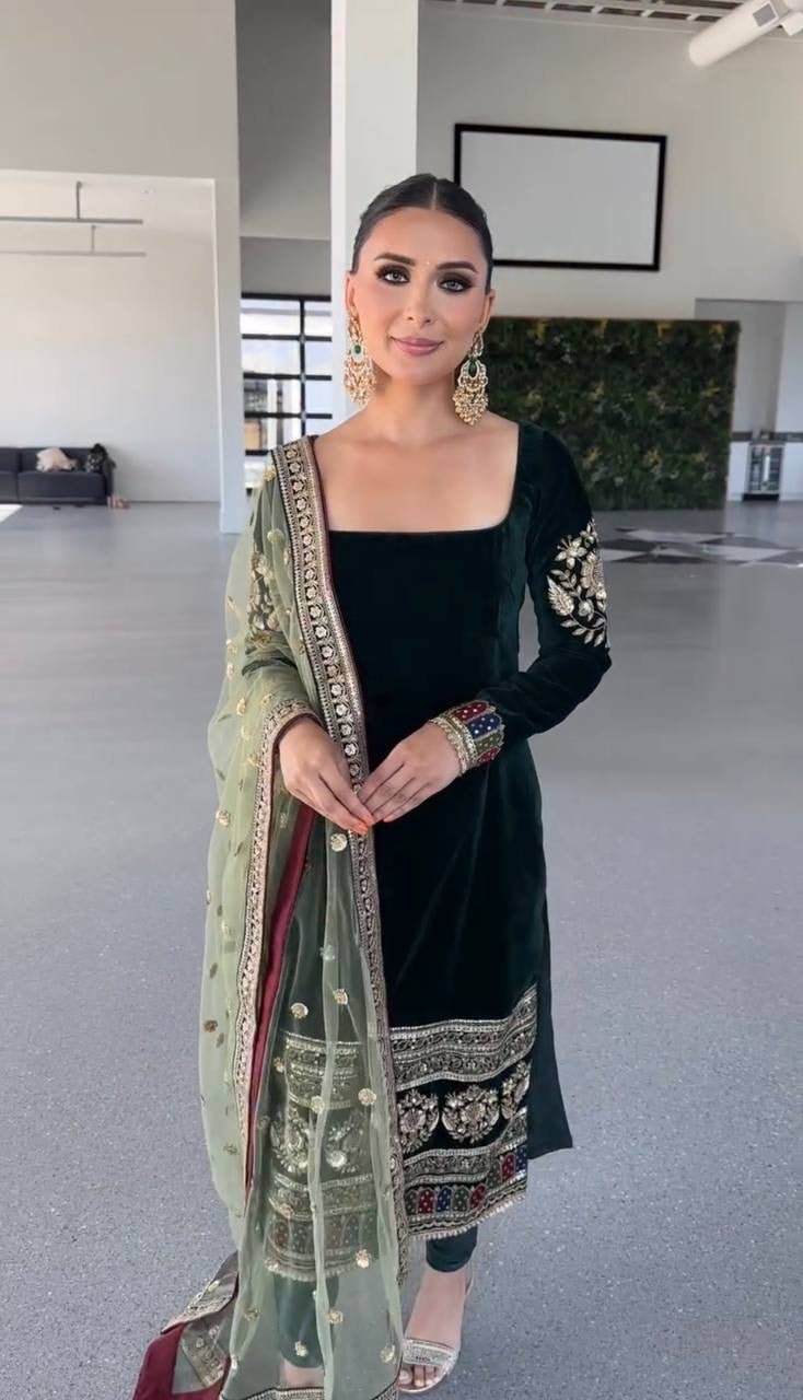 Emerald green velvet suit set