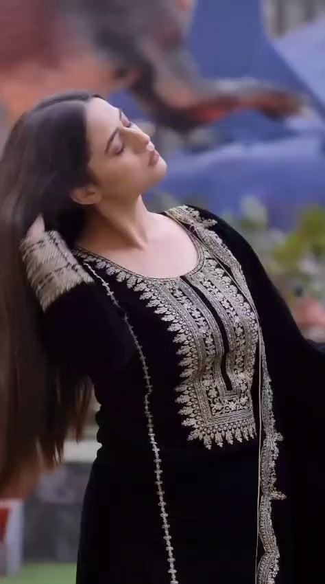 Black velvet embroided kurta set