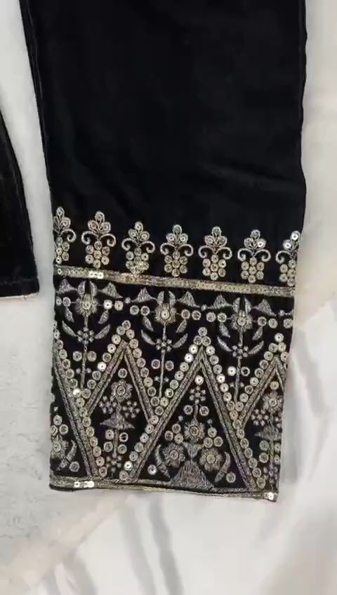 Black velvet embroided kurta set